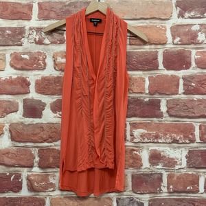 Bebe Top Women's XS Coral Pink Orange Beaded Accent High Low Tunic Blouse